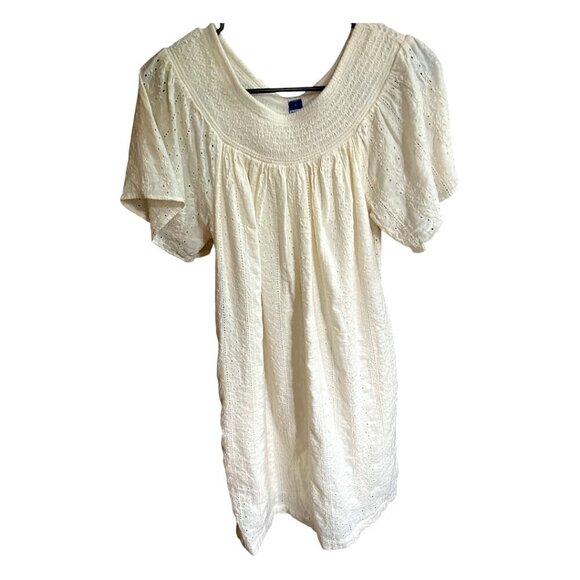 Women's Old Navy Ivory Cream Boho Eyelet Smocked Dress Pockets Neutral Size S - Picture 9 of 10